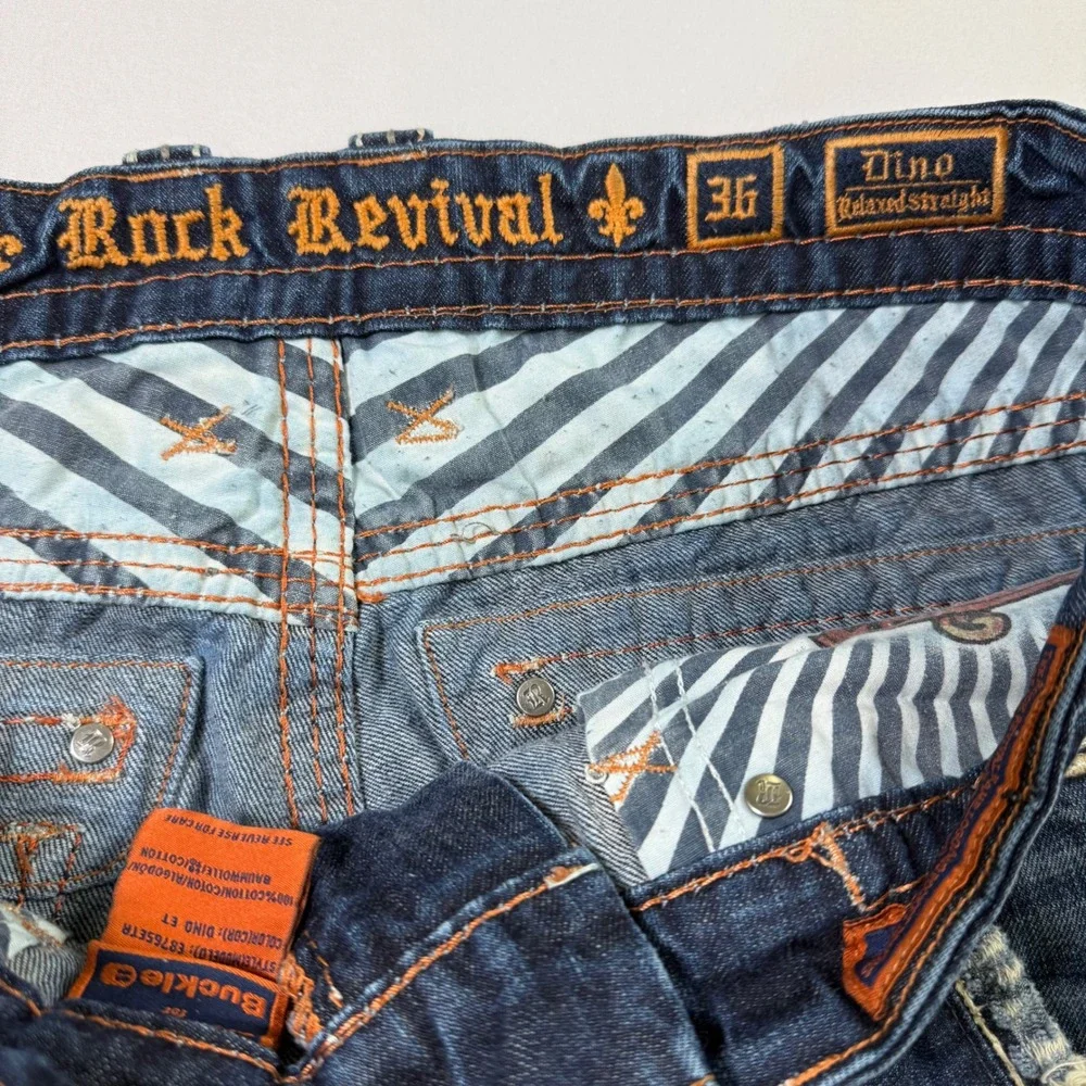 Rock Revival Jeans Mens 36 (Fits 37x28) Blue Dino Relaxed Straight Distressed